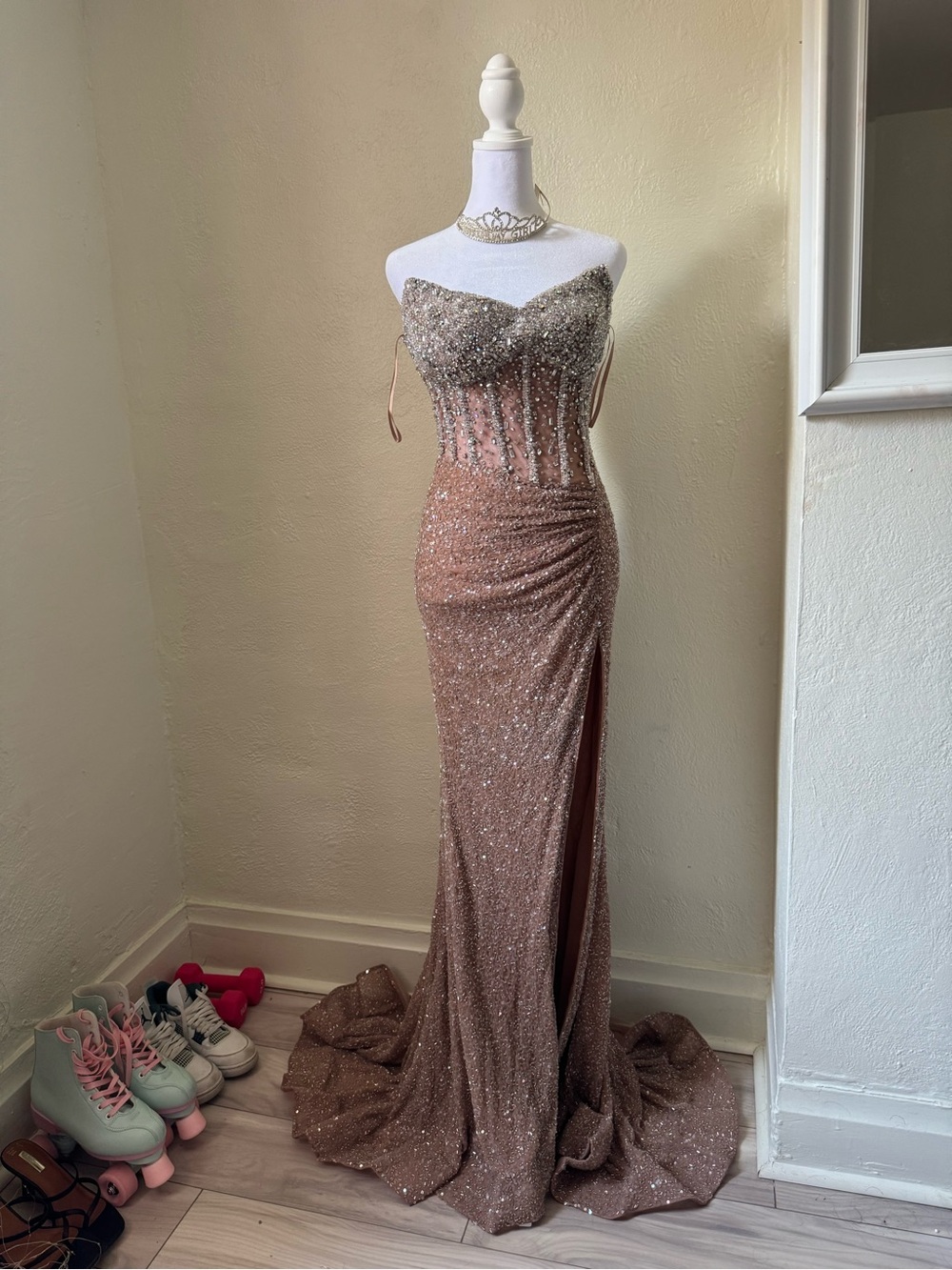 Strapless Sequin Evening Gown in Rose Gold
